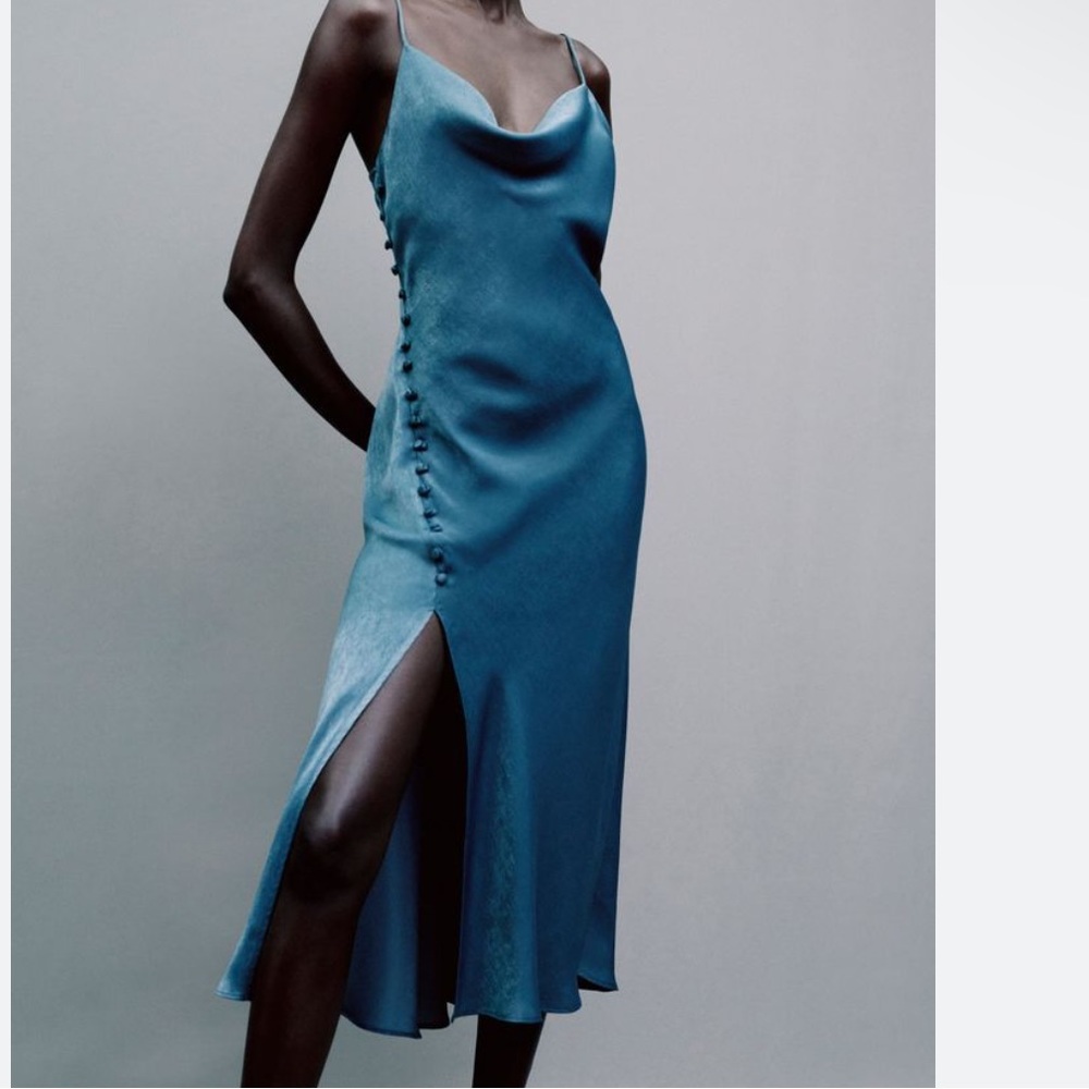 Zara blue midi satin effect slit dress